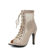 Women's Mesh Peep Toe Stiletto Booties - Beige - 10cm Mesh Booties - 43 B - PU Leather - image 44