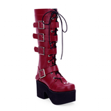 Women's Japanese Gothic Platform Boots - Wine Red - Platform Buckle Boots - 11 B - PU Leather - image 3