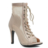 Women's Mesh Peep Toe Stiletto Booties - Beige - 10cm Mesh Booties - 43 B - PU Leather - image 11