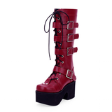Women's Japanese Gothic Platform Boots - Wine Red - Platform Buckle Boots - 11 B - PU Leather - image 8