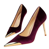 Women's Velvet Stilettos Metal Toe Heel - Wine Red - Party Pumps - 40 B - PU Leather - image 1