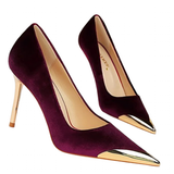 Women's Velvet Stilettos Metal Toe Heel - Wine Red - Party Pumps - 40 B - PU Leather - image 3