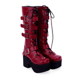 Women's Japanese Gothic Platform Boots - Wine Red - Platform Buckle Boots - 11 B - PU Leather - image 5