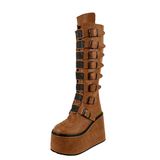 Women's Brown Buckle Strap Platform Boots - Brown - Buckle Boots - 46 B - PU Leather - image 2