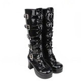 Women's Punk Cross and Buckle Strap Boot - Black - 1 / 8cm PU / Matte Boots - 44 B - PU Leather - image 13