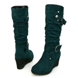 Women's Mid-Calf Suede Wedge Stud Boot - Suede - Brown Camel - 11 B - PU Suede Leather - image 4
