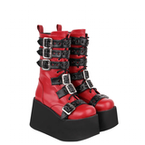 Women's Gothic Buckle Strap Biker Boots - Wine Red - Buckle Biker Boots - 34 B - PU Leather - image 3