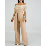 Women's Elegant Lace Evening Pantsuit - Black/Gold - Evening Jumpsuit - XXXL - Polyester Spandex - image 12