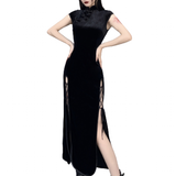 Women's Long Gothic Velvet Spilt Dress - Black - Dress - XXXL - Velvet - image 1