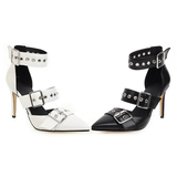 Women's Punk Buckle Strap Rivet Stilettos - White - Punk Rivet Stilettos - 4 B - PU Leather - image 25