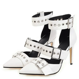 Women's Punk Buckle Strap Rivet Stilettos - White - Punk Rivet Stilettos - 4 B - PU Leather - image 27