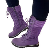 Women's Plush Mid-Calf Lace Up Flat Boots - Purple - Mid Calf Boots - 43 B - Plush - image 1