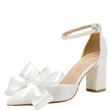 Women's Satin Bow Wedding Block Heels - White - Bridal Shoes - 43 B - PU Leather - image 1
