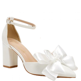 Women's Satin Bow Wedding Block Heels - White - Bridal Shoes - 43 B - PU Leather - image 3