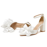 Women's Satin Bow Wedding Block Heels - White - Bridal Shoes - 43 B - PU Leather - image 2