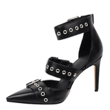 Women's Punk Buckle Strap Rivet Stilettos - White - Punk Rivet Stilettos - 4 B - PU Leather - image 29