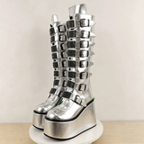 Women's Silver Black Buckle Strap Boots - Silver - Buckle Boots - 46 B - PU Leather - image 6