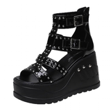 Women's Gothic Punk Rivet Wedge Sandal - Black - 2 / Rivet / Patent / Sandals - 43 B - PU Leather - image 25