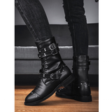 Men's Leather Lace Up Buckle Strap Boots - Black - Biker Boot - 45 B - Genuine Leather - image 16