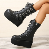 Women's Buckle Strap Wedge Biker Boots - Black - 1 - Matte - Biker Boots - 43 B - PU Leather - image 7