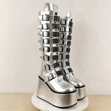 Women's Silver Black Buckle Strap Boots - Silver - Buckle Boots - 46 B - PU Leather - image 4