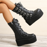 Women's Buckle Strap Wedge Biker Boots - Black - 1 - Matte - Biker Boots - 43 B - PU Leather - image 6