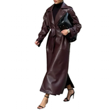 Women's Extra Long Faux Leather Coat - Brown - Long PU Leather Jacket - 5XL - PU leather - image 15