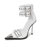 Women's Belt Buckle Stilettos Punk Style - White - Belt Strap Shoes - 42 B - PU Leather - image 42