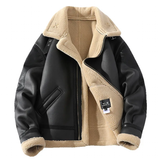 Men's Faux Leather and Sheepskin Jacket - Black - Motorcycle Bomber Jacket - 5XL - PU Leather - image 1