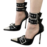 Women's Belt Buckle Stilettos Punk Style - Black - Belt Strap Shoes - 42 B - PU Leather - image 1