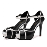 Women's Elegant High Fashion Sandals - Black/White - Stiletto Sandals - 41 B - PU Leather - image 39