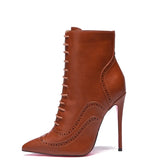 Women's Lace Up Pointy Ankle Boots - Brown - Stiletto Boots - 43 B - PU Leather - image 30
