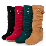 Women's Mid-Calf Suede Wedge Stud Boot - Suede - Brown Camel - 11 B - PU Suede Leather - image 1