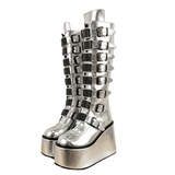 Women's Silver Black Buckle Strap Boots - Silver - Buckle Boots - 46 B - PU Leather - image 1