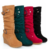 Women's Mid-Calf Suede Wedge Stud Boot - Suede - Brown Camel - 11 B - PU Suede Leather - image 35