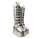 Women's Silver Black Buckle Strap Boots - Silver - Buckle Boots - 46 B - PU Leather - image 3