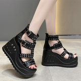 Women's Gothic Punk Rivet Wedge Sandal - Black - 1 / Rivet / Matte / Sandals - 43 B - PU Leather - image 17