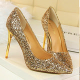 Women's High Heel Glitter Prom Pumps - Gold - 9.5cm / Glitter Shoe - 43 B - PU Leather - image 11