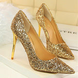Women's High Heel Glitter Prom Pumps - Gold - 9.5cm / Glitter Shoe - 43 B - PU Leather - image 7