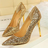 Women's High Heel Glitter Prom Pumps - Gold - 9.5cm / Glitter Shoe - 43 B - PU Leather - image 9