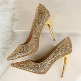 Women's High Heel Glitter Prom Pumps - Gold - 9.5cm / Glitter Shoe - 43 B - PU Leather - image 5