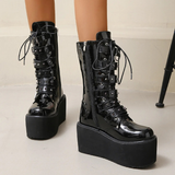 Women's Buckle Strap Wedge Biker Boots - Black - 1 - Matte - Biker Boots - 43 B - PU Leather - image 15