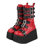 Women's Gothic Buckle Strap Biker Boots - Wine Red - Buckle Biker Boots - 34 B - PU Leather - image 4