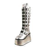 Women's Silver Black Buckle Strap Boots - Silver - Buckle Boots - 46 B - PU Leather - image 2