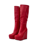 Women's Super High Wedge Heeled Boots - Red - High Boots - 52 B - PU Leather - image 20