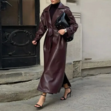 Women's Extra Long Faux Leather Coat - Brown - Long PU Leather Jacket - 5XL - PU leather - image 11