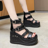 Women's Gothic Punk Rivet Wedge Sandal - Black - 1 / Rivet / Matte / Sandals - 43 B - PU Leather - image 16