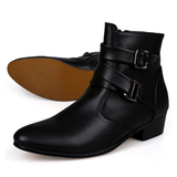 Men's Buckle Strap Block Heel Dress Boots - Black - Dress Boot - 12 B - PU Leather - image 8