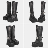 Women's Goth Zip Buckle Motorcycle Boot - Black - Knee High Boots - 47 B - PU Leather - image 7