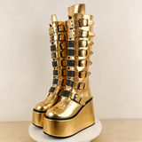 Women's Gold Black Buckle Strap Boots - Gold - Buckle Boots - 46 B - PU Leather - image 6